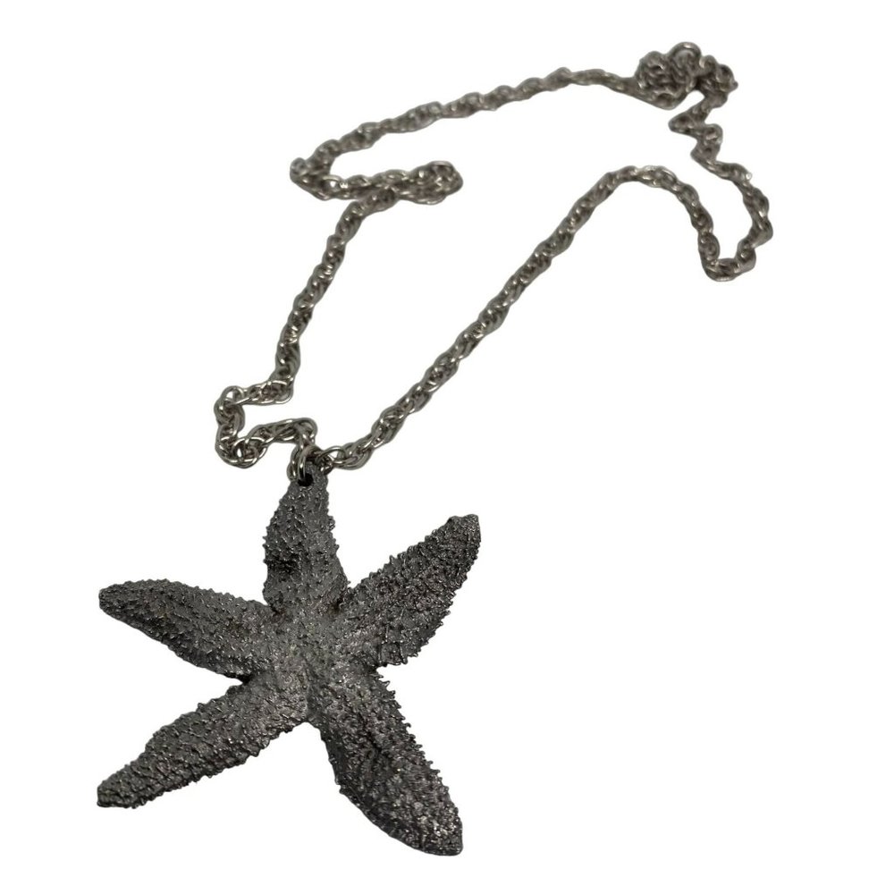 Vintage International Pewter Starfish Necklace 24" Chain Silver Tone Signed